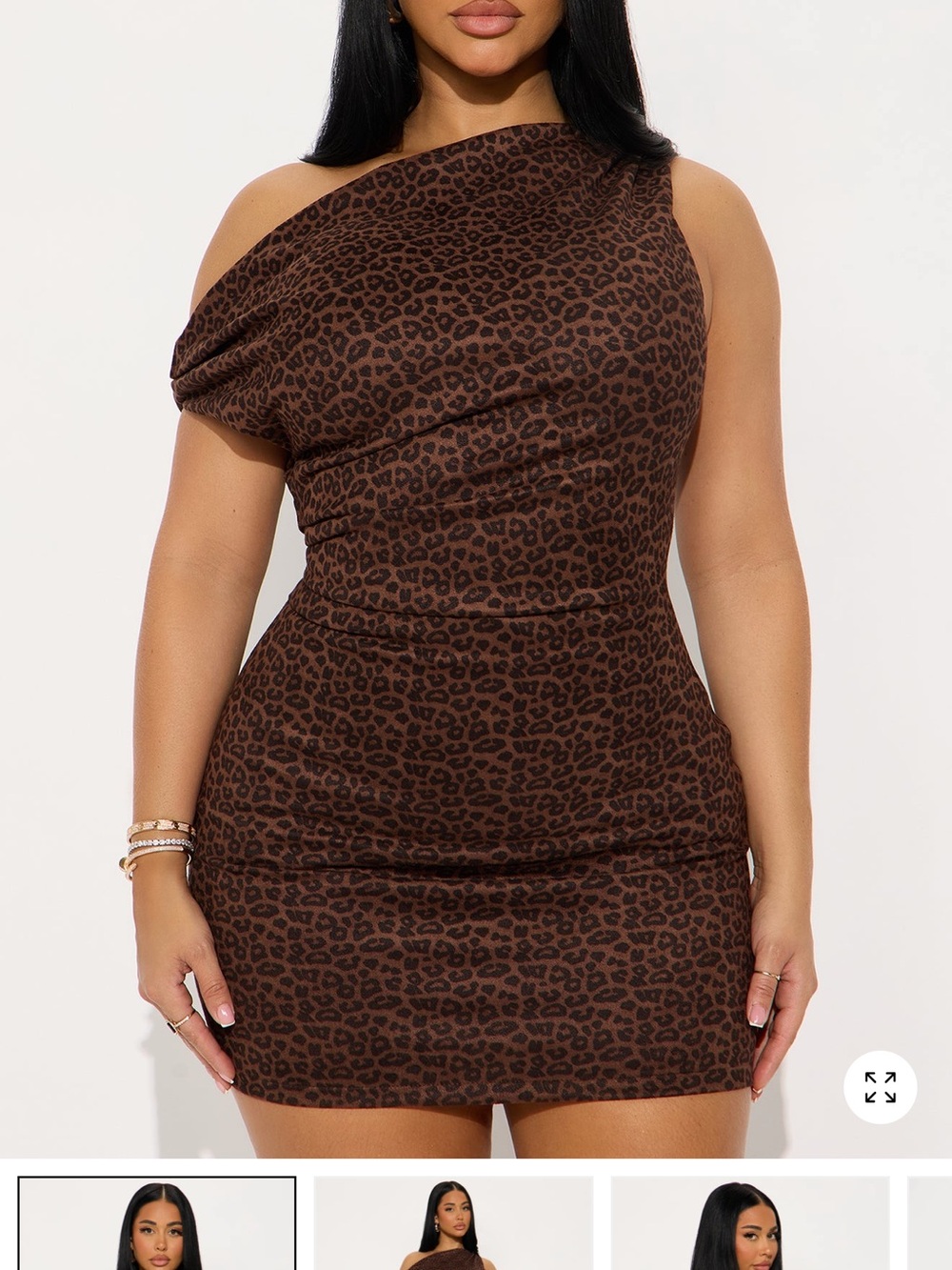 Fashion Nova Brown Leopard One-Shoulder Mini Dress